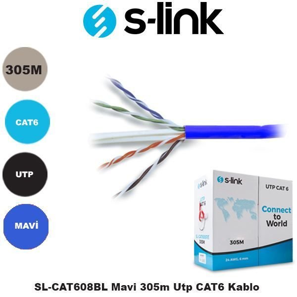 SL-CAT608BL CAT6 305mt 24 AWG UTP Kablo Mavi